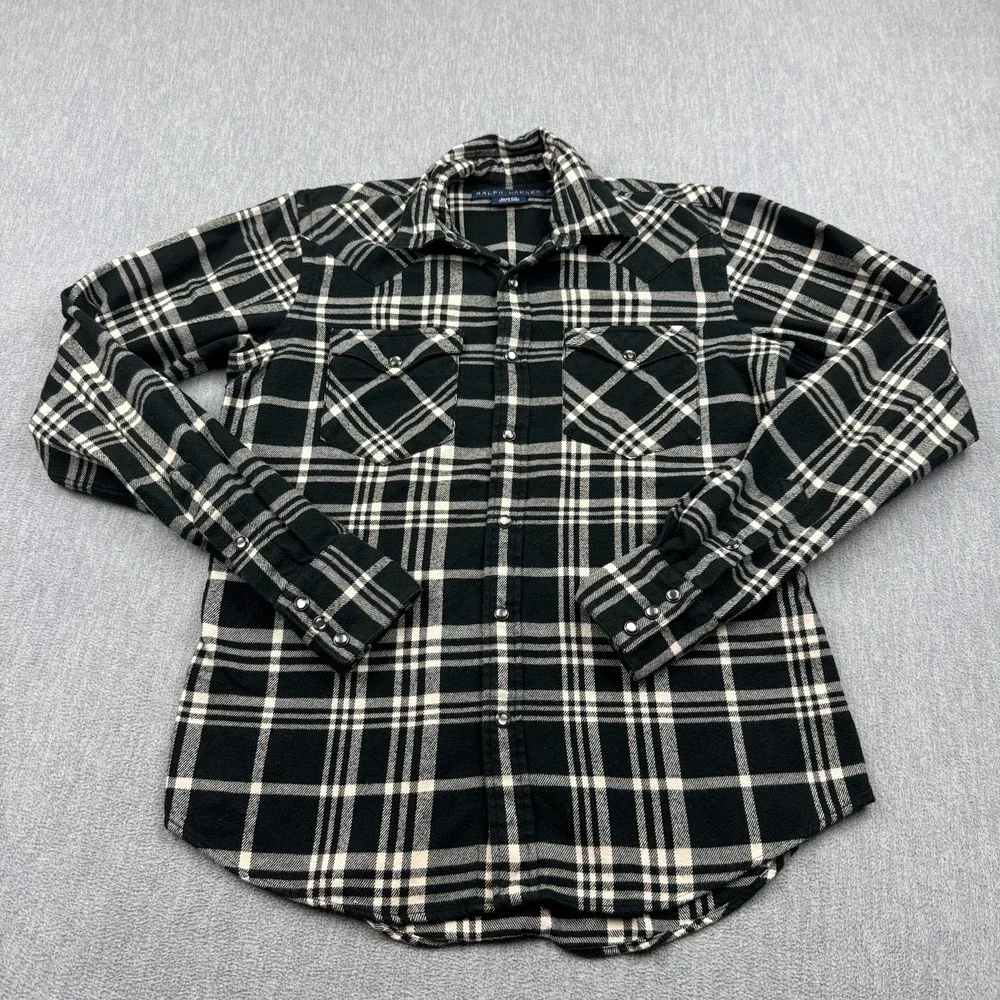 Ralph Lauren Shirt Womens 2 Black Plaid Snap Pearl Flannel Western Cowgirl Rodeo